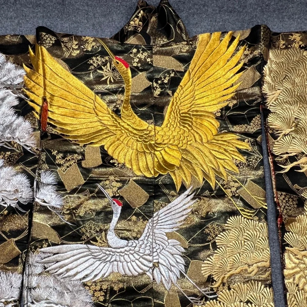 Vintage Japanese Silk Uchikake Kimono Black Gold Silver Crane Pine Embroidery